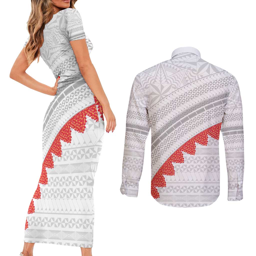 Tonga White Sunday Couples Matching Short Sleeve Bodycon Dress and Long Sleeve Button Shirt Heilala Flowers Tongan Ngatu Pattern LT14 - Polynesian Pride