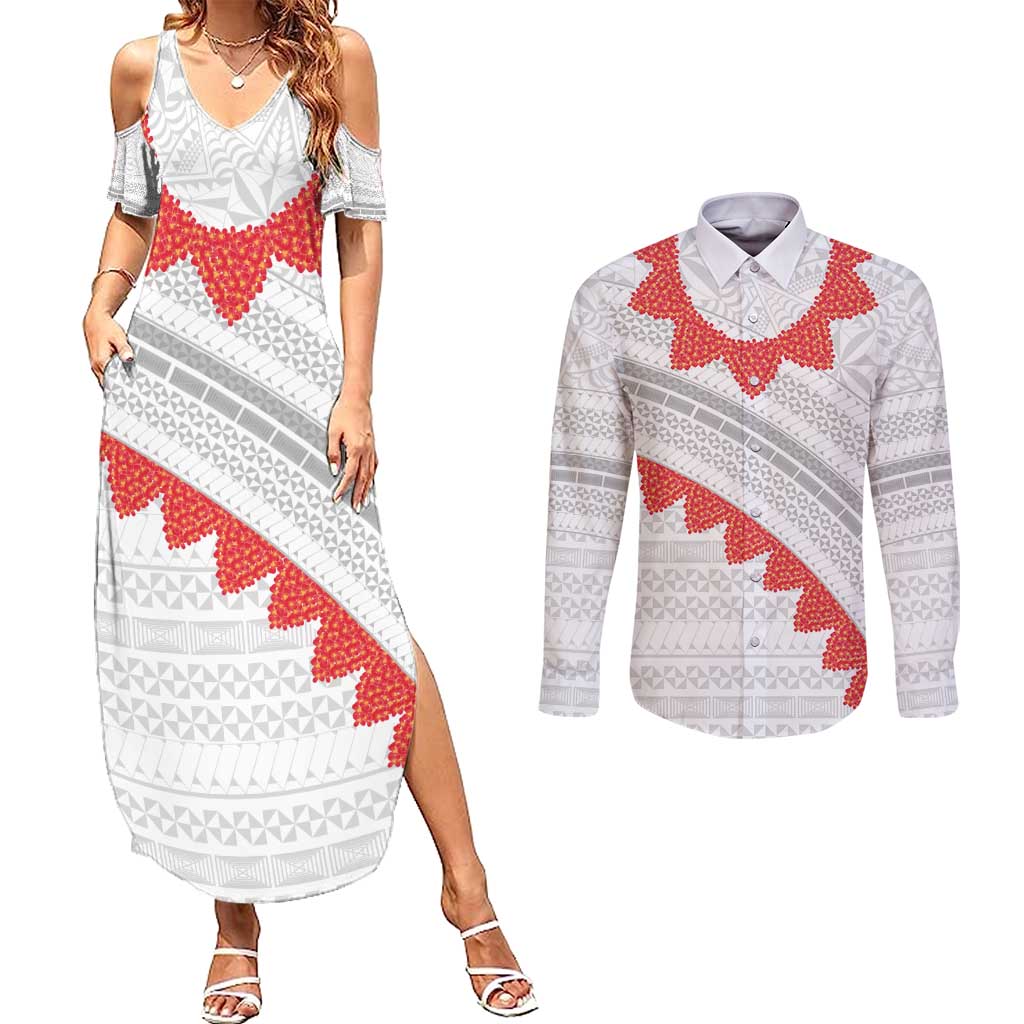 Tonga White Sunday Couples Matching Summer Maxi Dress and Long Sleeve Button Shirt Heilala Flowers Tongan Ngatu Pattern LT14 White - Polynesian Pride
