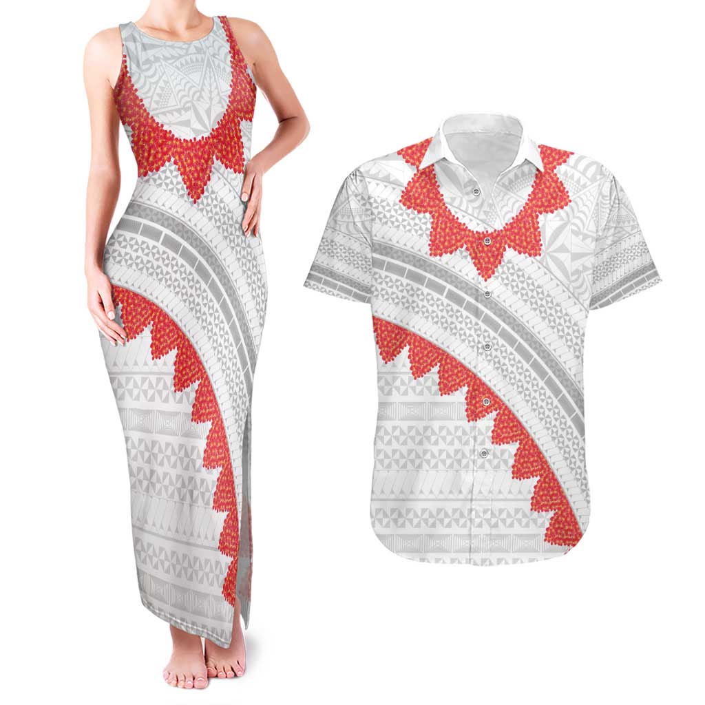 Tonga White Sunday Couples Matching Tank Maxi Dress and Hawaiian Shirt Heilala Flowers Tongan Ngatu Pattern