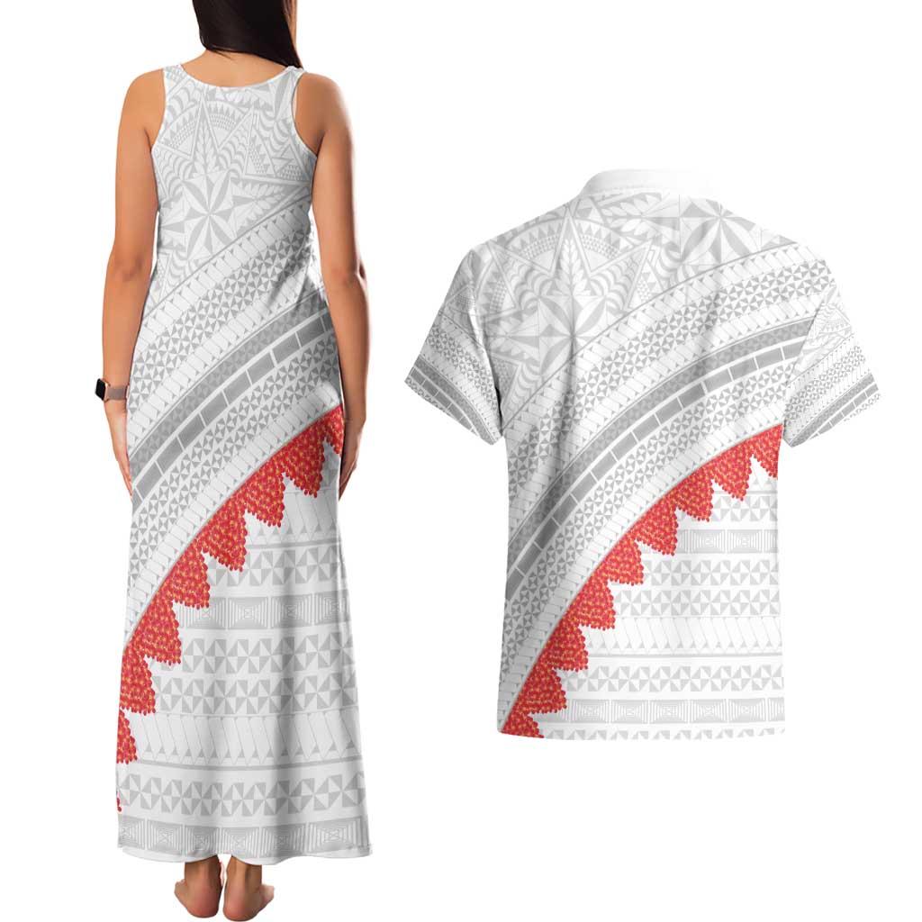 Tonga White Sunday Couples Matching Tank Maxi Dress and Hawaiian Shirt Heilala Flowers Tongan Ngatu Pattern