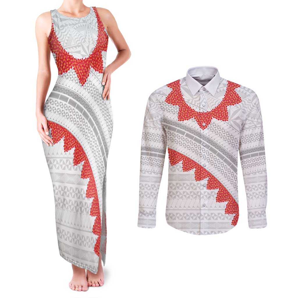 Tonga White Sunday Couples Matching Tank Maxi Dress and Long Sleeve Button Shirt Heilala Flowers Tongan Ngatu Pattern LT14 White - Polynesian Pride