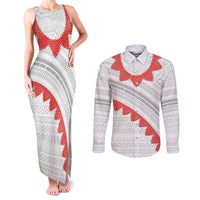 Tonga White Sunday Couples Matching Tank Maxi Dress and Long Sleeve Button Shirt Heilala Flowers Tongan Ngatu Pattern LT14 White - Polynesian Pride