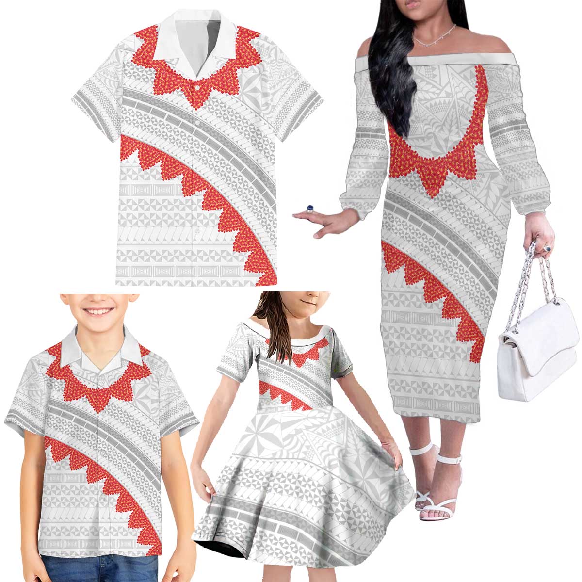 Tonga White Sunday Family Matching Off The Shoulder Long Sleeve Dress and Hawaiian Shirt Heilala Flowers Tongan Ngatu Pattern