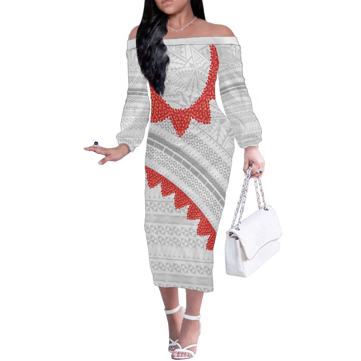 Tonga White Sunday Family Matching Off The Shoulder Long Sleeve Dress and Hawaiian Shirt Heilala Flowers Tongan Ngatu Pattern