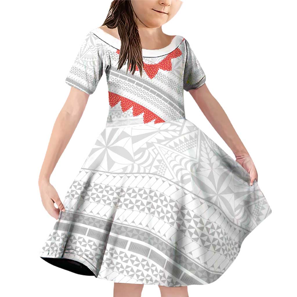 Tonga White Sunday Family Matching Off Shoulder Short Dress and Hawaiian Shirt Heilala Flowers Tongan Ngatu Pattern