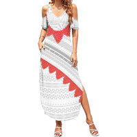 Tonga White Sunday Family Matching Summer Maxi Dress and Hawaiian Shirt Heilala Flowers Tongan Ngatu Pattern