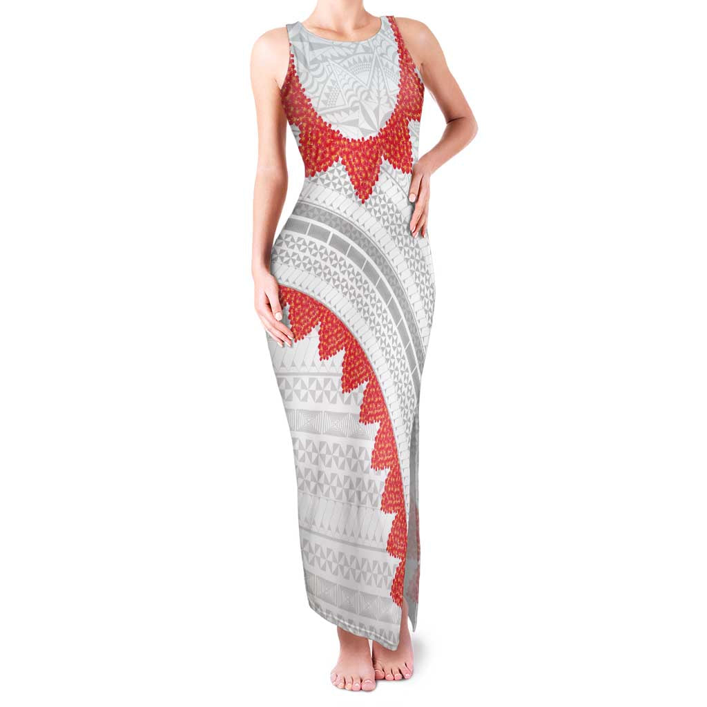 Tonga White Sunday Family Matching Tank Maxi Dress and Hawaiian Shirt Heilala Flowers Tongan Ngatu Pattern