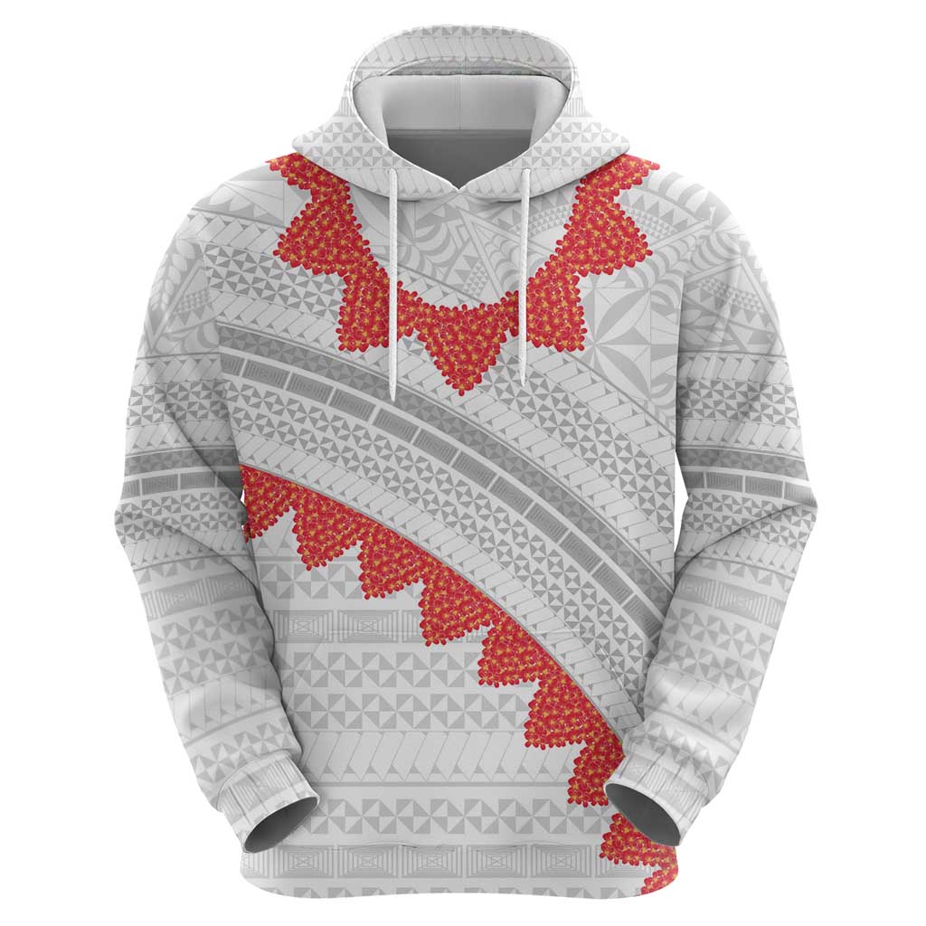 Tonga White Sunday Hoodie Heilala Flowers Tongan Ngatu Pattern