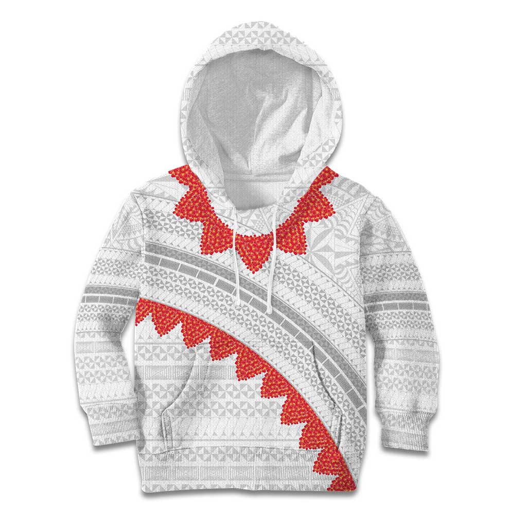 Tonga White Sunday Kid Hoodie Heilala Flowers Tongan Ngatu Pattern