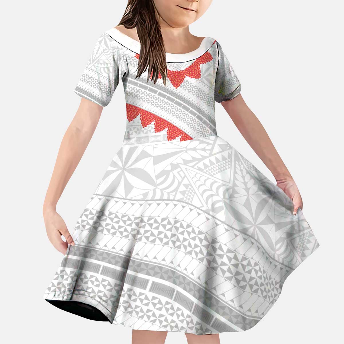 Tonga White Sunday Kid Short Sleeve Dress Heilala Flowers Tongan Ngatu Pattern LT14 KID White - Polynesian Pride