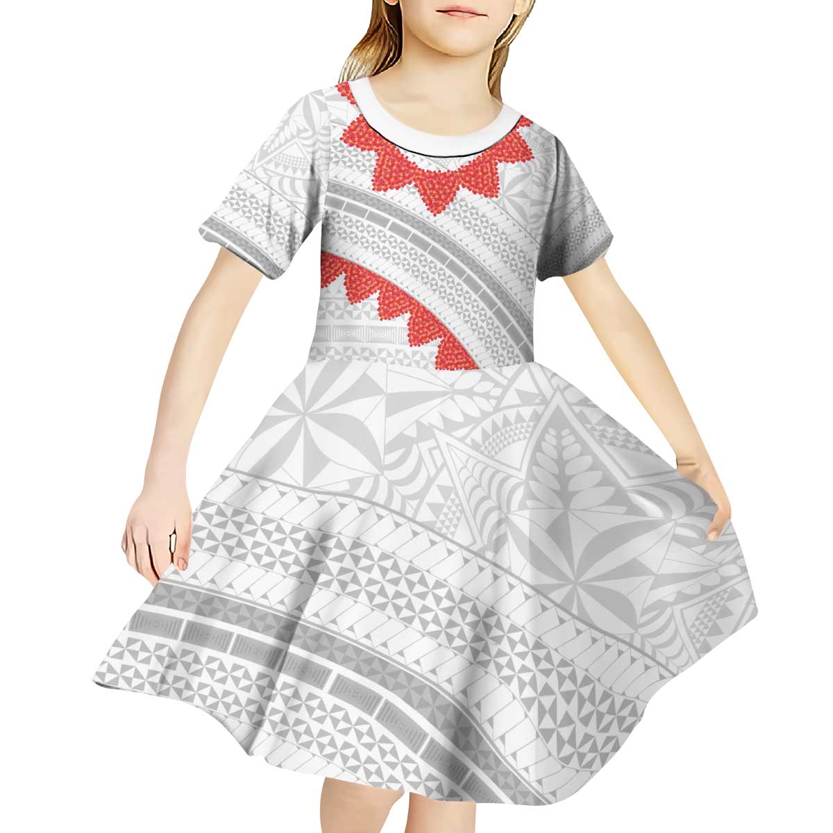 Tonga White Sunday Kid Short Sleeve Dress Heilala Flowers Tongan Ngatu Pattern LT14 - Polynesian Pride