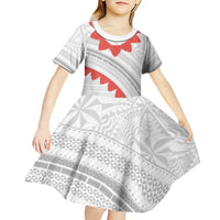 Tonga White Sunday Kid Short Sleeve Dress Heilala Flowers Tongan Ngatu Pattern LT14 - Polynesian Pride