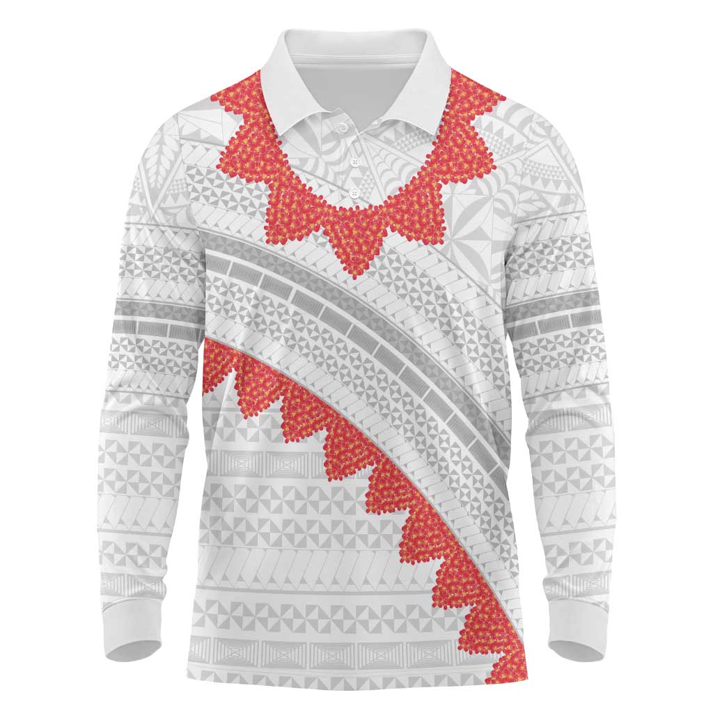 Tonga White Sunday Long Sleeve Polo Shirt Heilala Flowers Tongan Ngatu Pattern LT14 White - Polynesian Pride