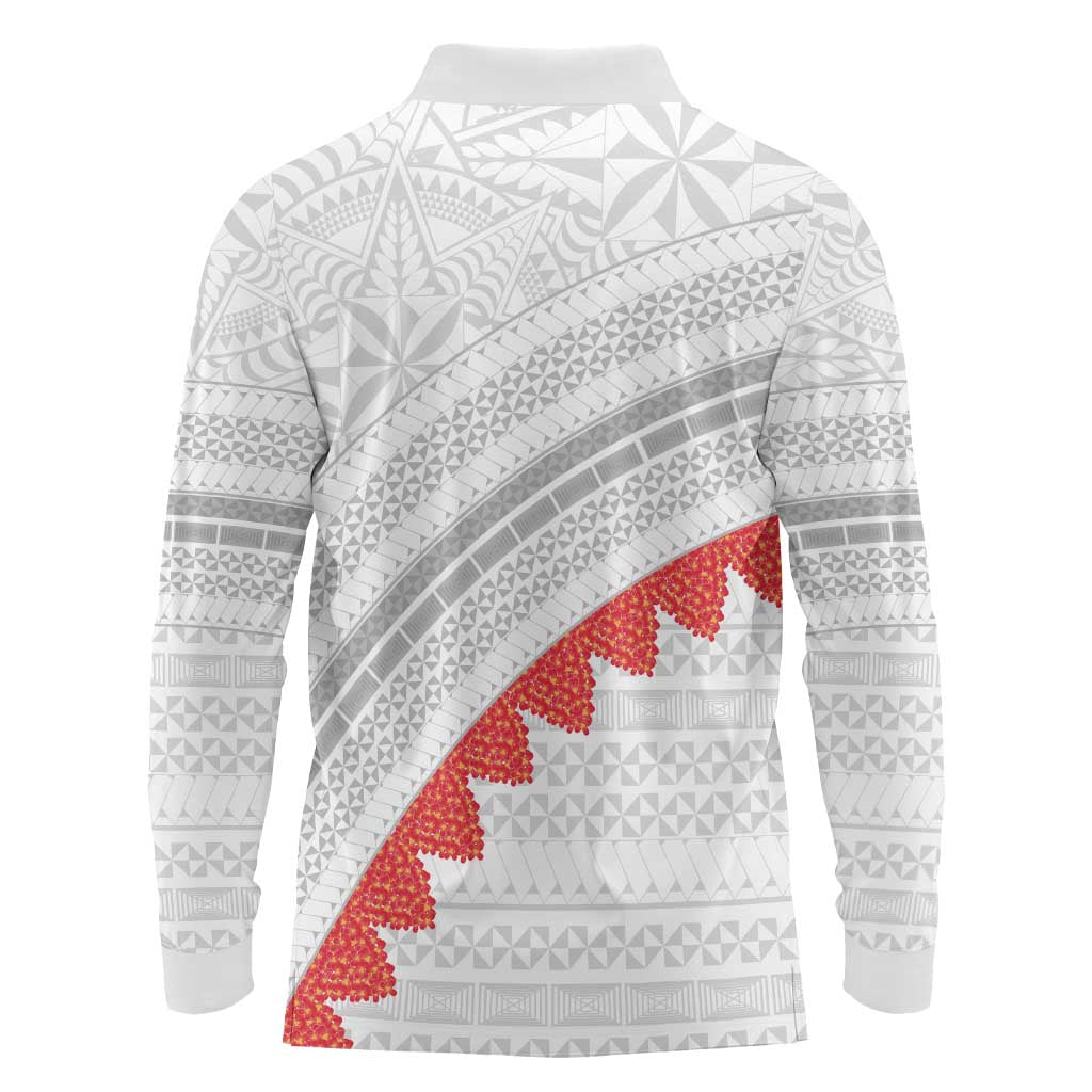 Tonga White Sunday Long Sleeve Polo Shirt Heilala Flowers Tongan Ngatu Pattern LT14 - Polynesian Pride