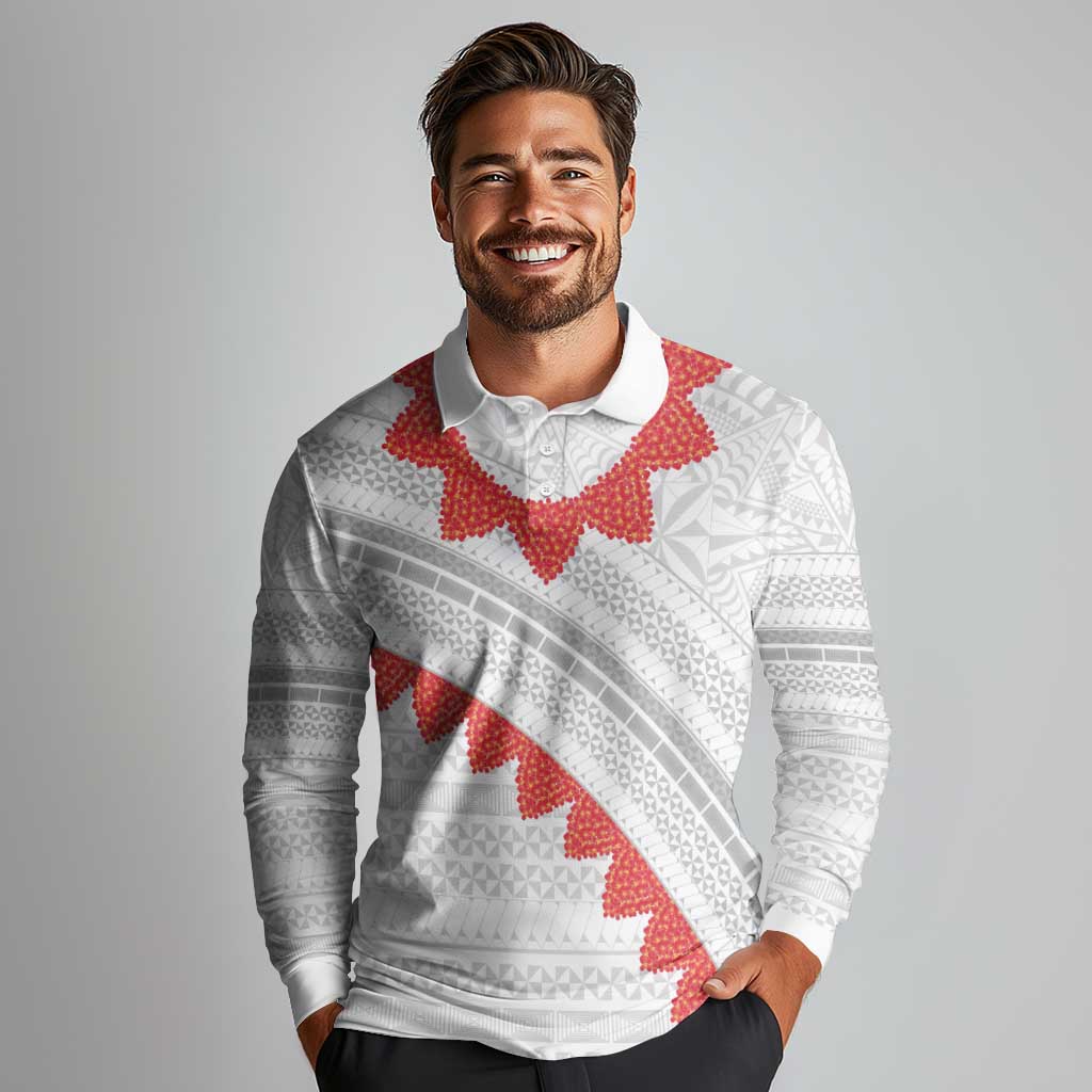 Tonga White Sunday Long Sleeve Polo Shirt Heilala Flowers Tongan Ngatu Pattern LT14 - Polynesian Pride