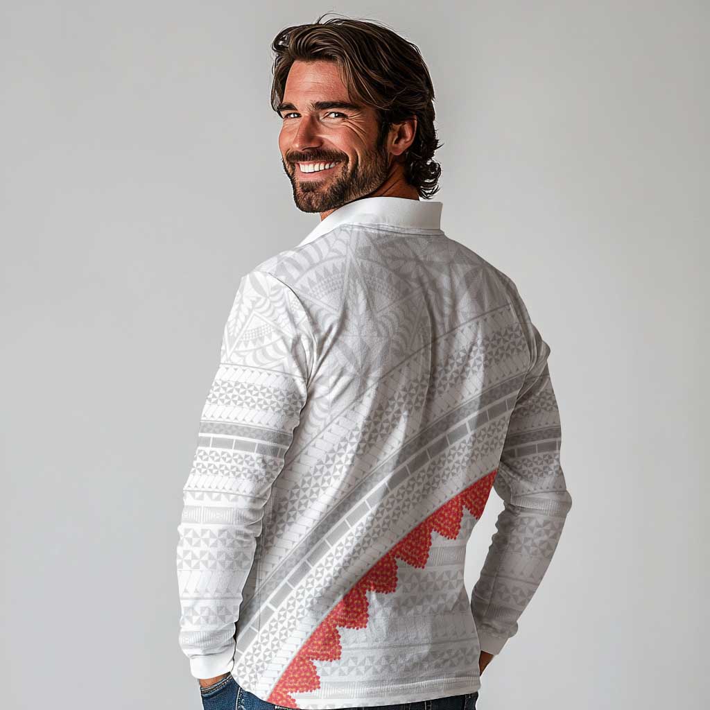 Tonga White Sunday Long Sleeve Polo Shirt Heilala Flowers Tongan Ngatu Pattern LT14 - Polynesian Pride