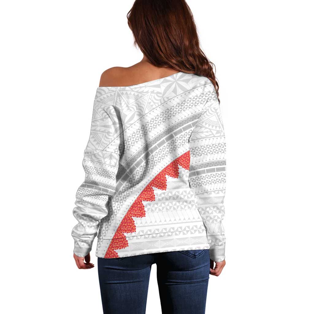 Tonga White Sunday Off Shoulder Sweater Heilala Flowers Tongan Ngatu Pattern