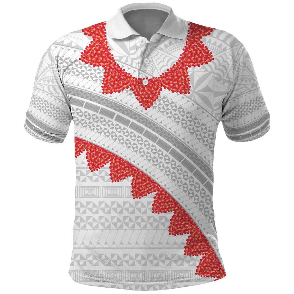 Tonga White Sunday Polo Shirt Heilala Flowers Tongan Ngatu Pattern