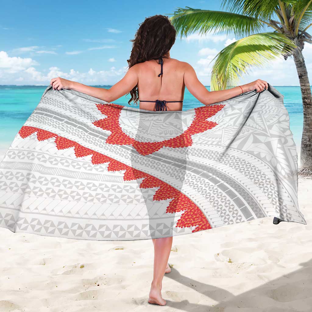 Tonga White Sunday Sarong Heilala Flowers Tongan Ngatu Pattern