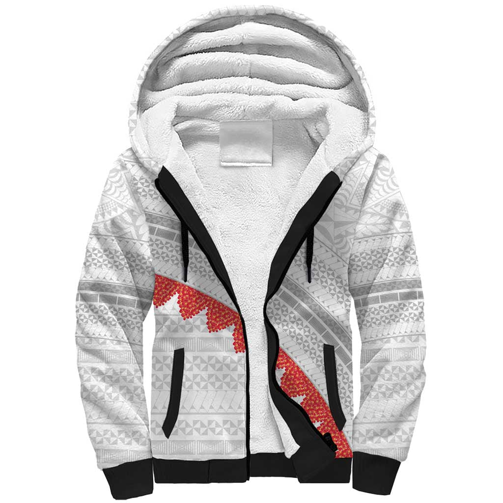 Tonga White Sunday Sherpa Hoodie Heilala Flowers Tongan Ngatu Pattern