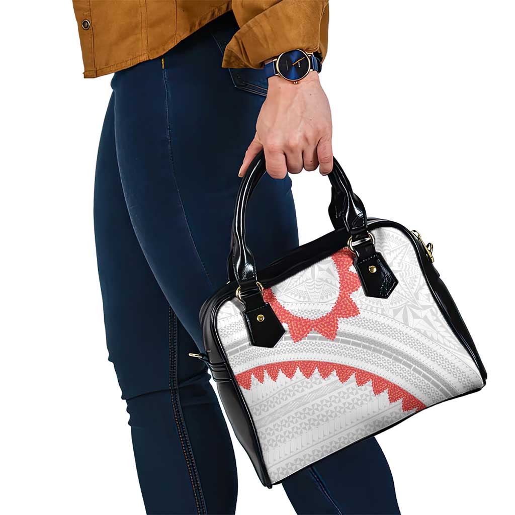 Tonga White Sunday Shoulder Handbag Heilala Flowers Tongan Ngatu Pattern