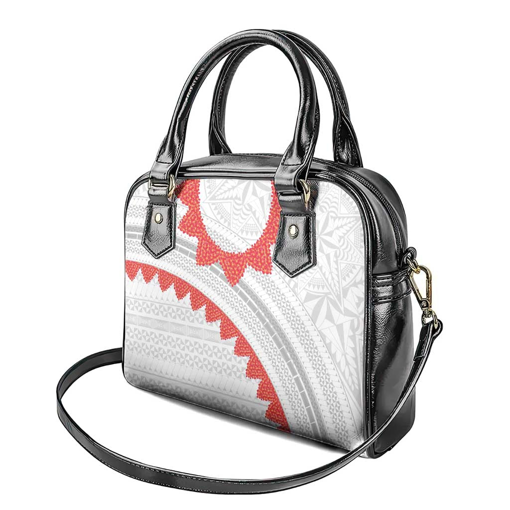 Tonga White Sunday Shoulder Handbag Heilala Flowers Tongan Ngatu Pattern