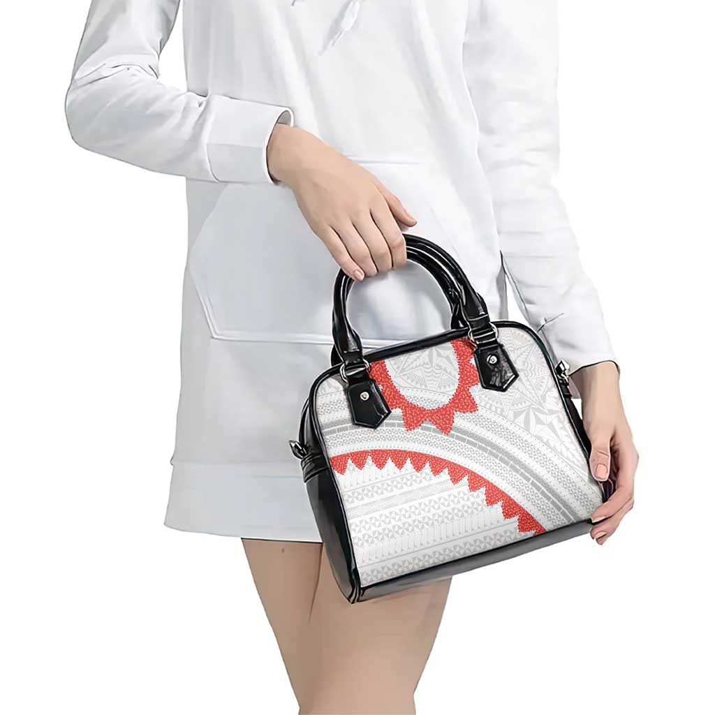 Tonga White Sunday Shoulder Handbag Heilala Flowers Tongan Ngatu Pattern