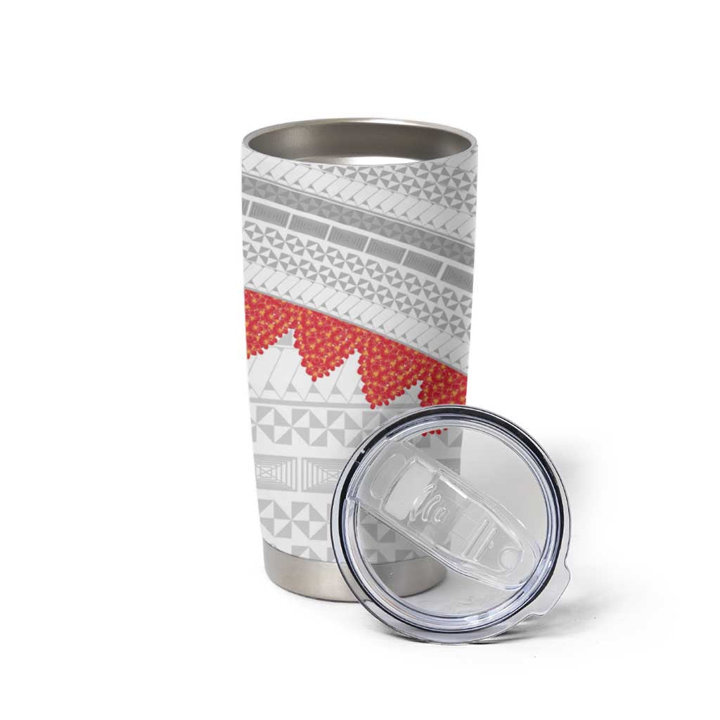 Tonga White Sunday Tumbler Cup Heilala Flowers Tongan Ngatu Pattern