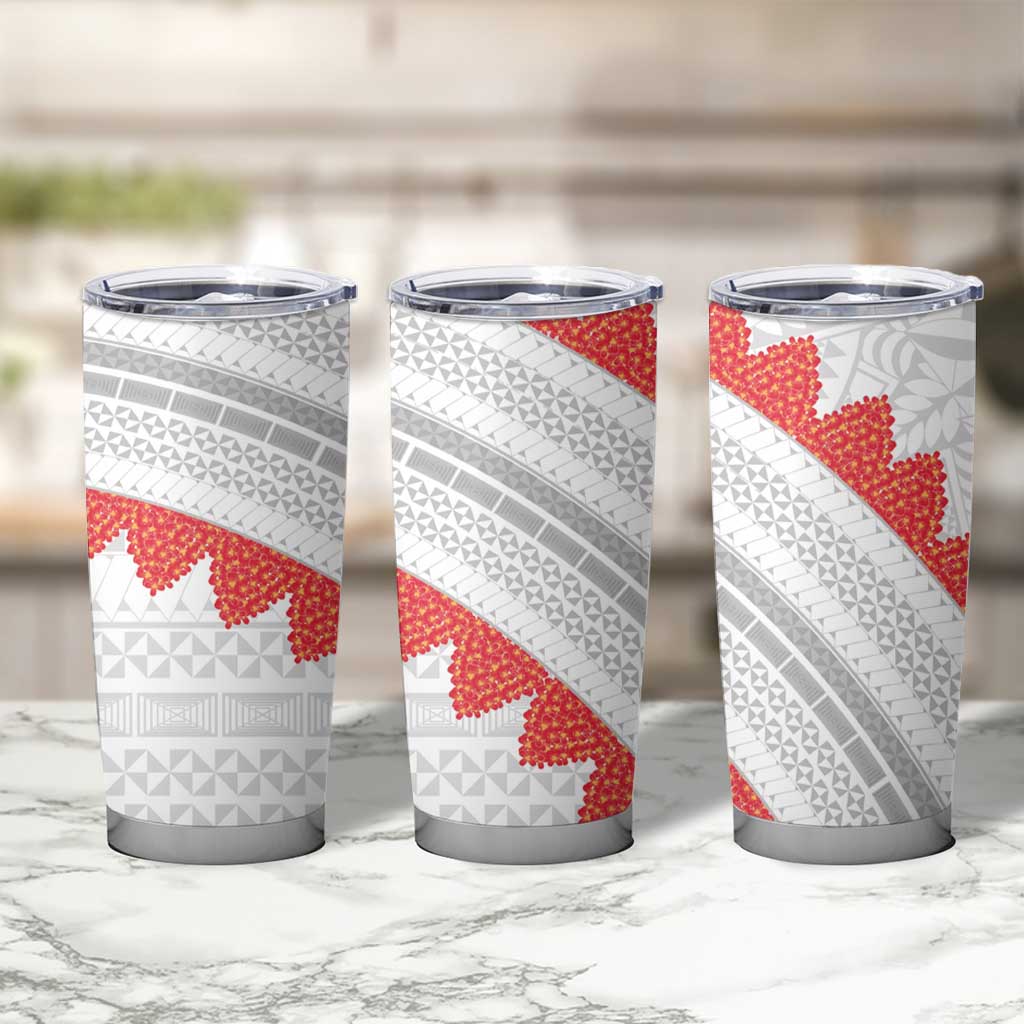 Tonga White Sunday Tumbler Cup Heilala Flowers Tongan Ngatu Pattern