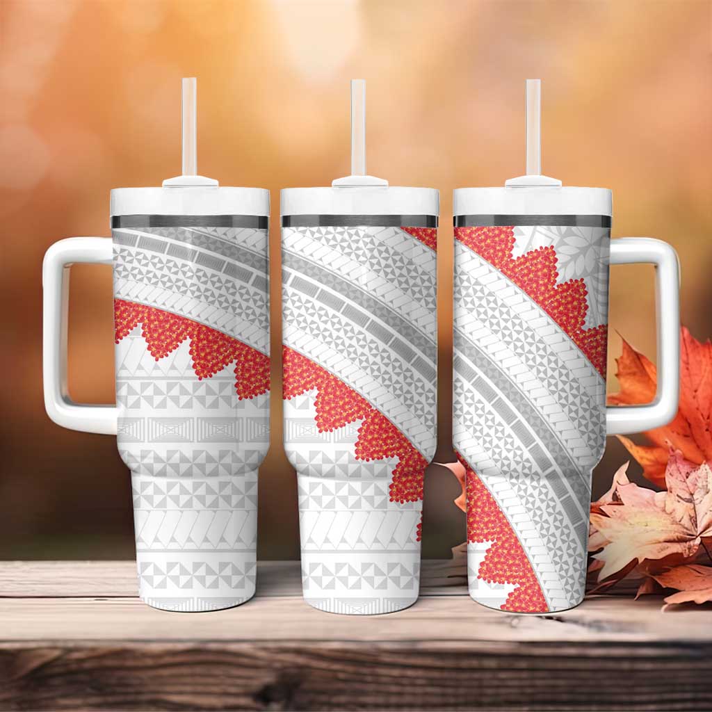 Tonga White Sunday Tumbler With Handle Heilala Flowers Tongan Ngatu Pattern