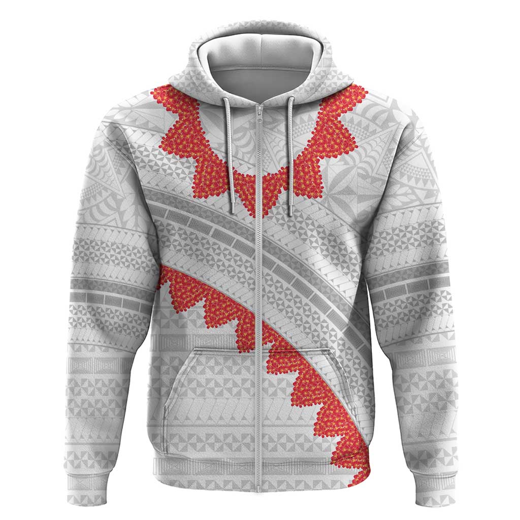 Tonga White Sunday Zip Hoodie Heilala Flowers Tongan Ngatu Pattern