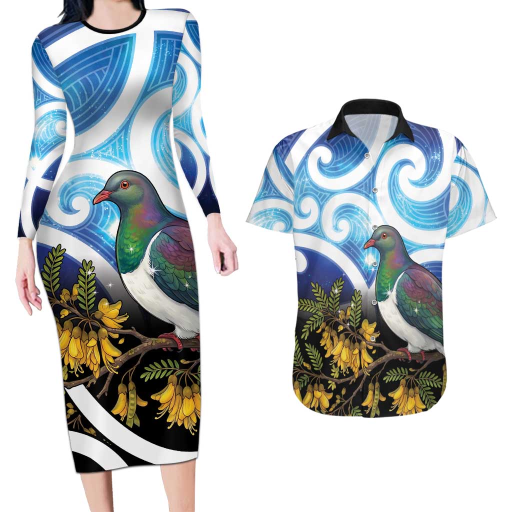 Kekeru New Zealand Matariki Couples Matching Long Sleeve Bodycon Dress and Hawaiian Shirt Kukupa Kowhai Maori New Year Blue Version