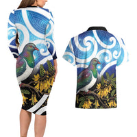 Kekeru New Zealand Matariki Couples Matching Long Sleeve Bodycon Dress and Hawaiian Shirt Kukupa Kowhai Maori New Year Blue Version