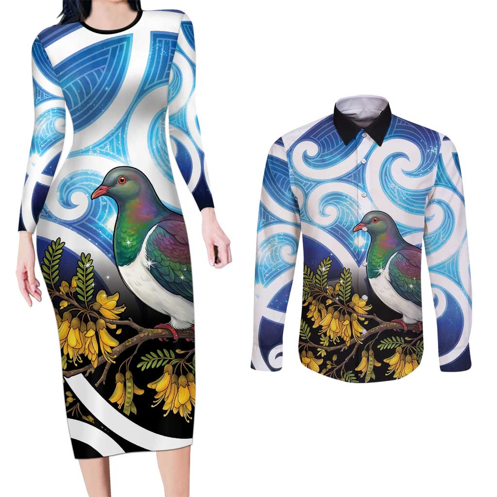 Kekeru New Zealand Matariki Couples Matching Long Sleeve Bodycon Dress and Long Sleeve Button Shirt Kukupa Kowhai Maori New Year Blue Version