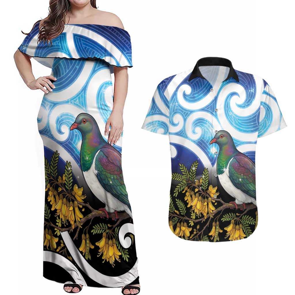Kekeru New Zealand Matariki Couples Matching Off Shoulder Maxi Dress and Hawaiian Shirt Kukupa Kowhai Maori New Year Blue Version