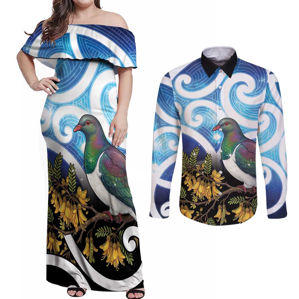 Kekeru New Zealand Matariki Couples Matching Off Shoulder Maxi Dress and Long Sleeve Button Shirt Kukupa Kowhai Maori New Year Blue Version