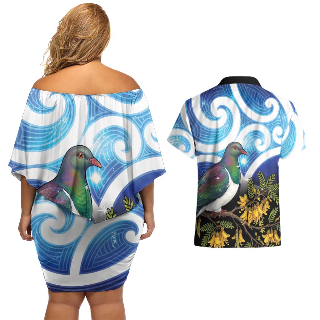 Kekeru New Zealand Matariki Couples Matching Off Shoulder Short Dress and Hawaiian Shirt Kukupa Kowhai Maori New Year Blue Version