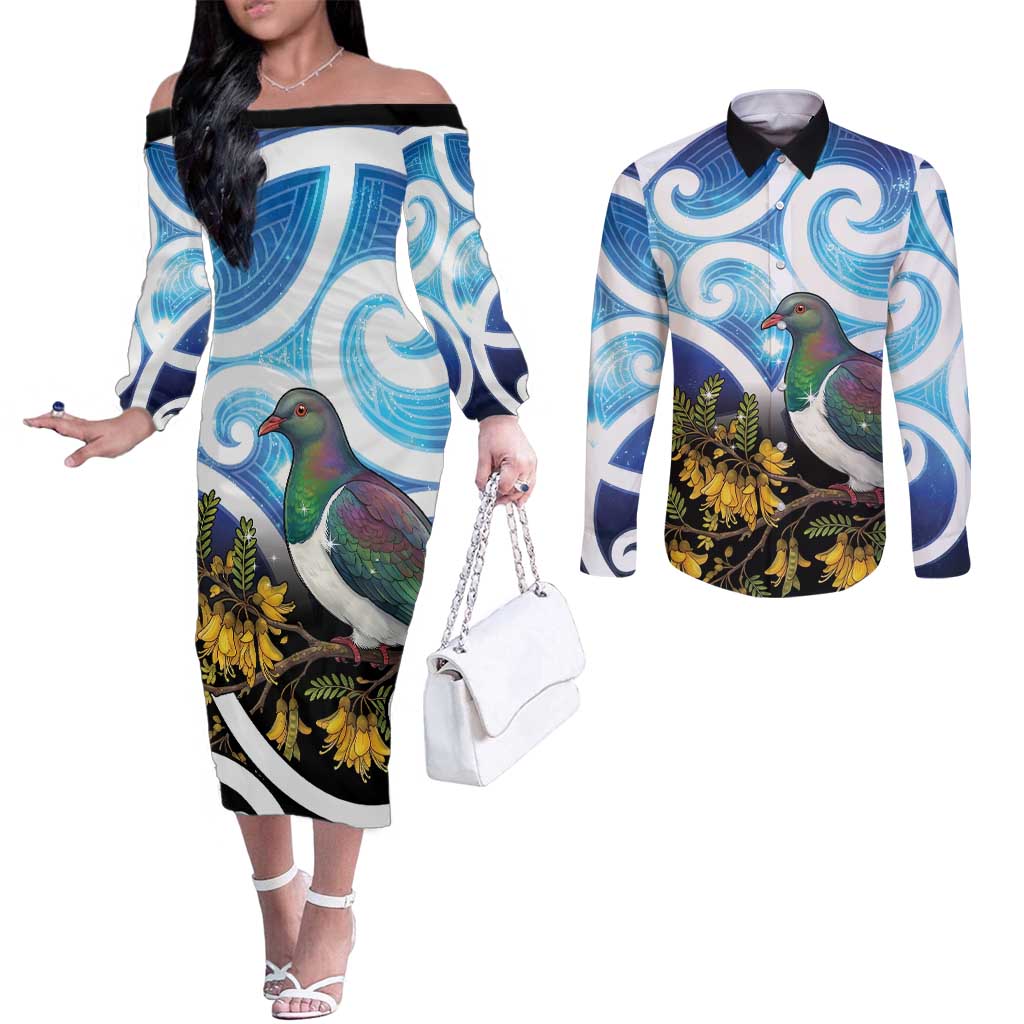 Kekeru New Zealand Matariki Couples Matching Off The Shoulder Long Sleeve Dress and Long Sleeve Button Shirt Kukupa Kowhai Maori New Year Blue Version
