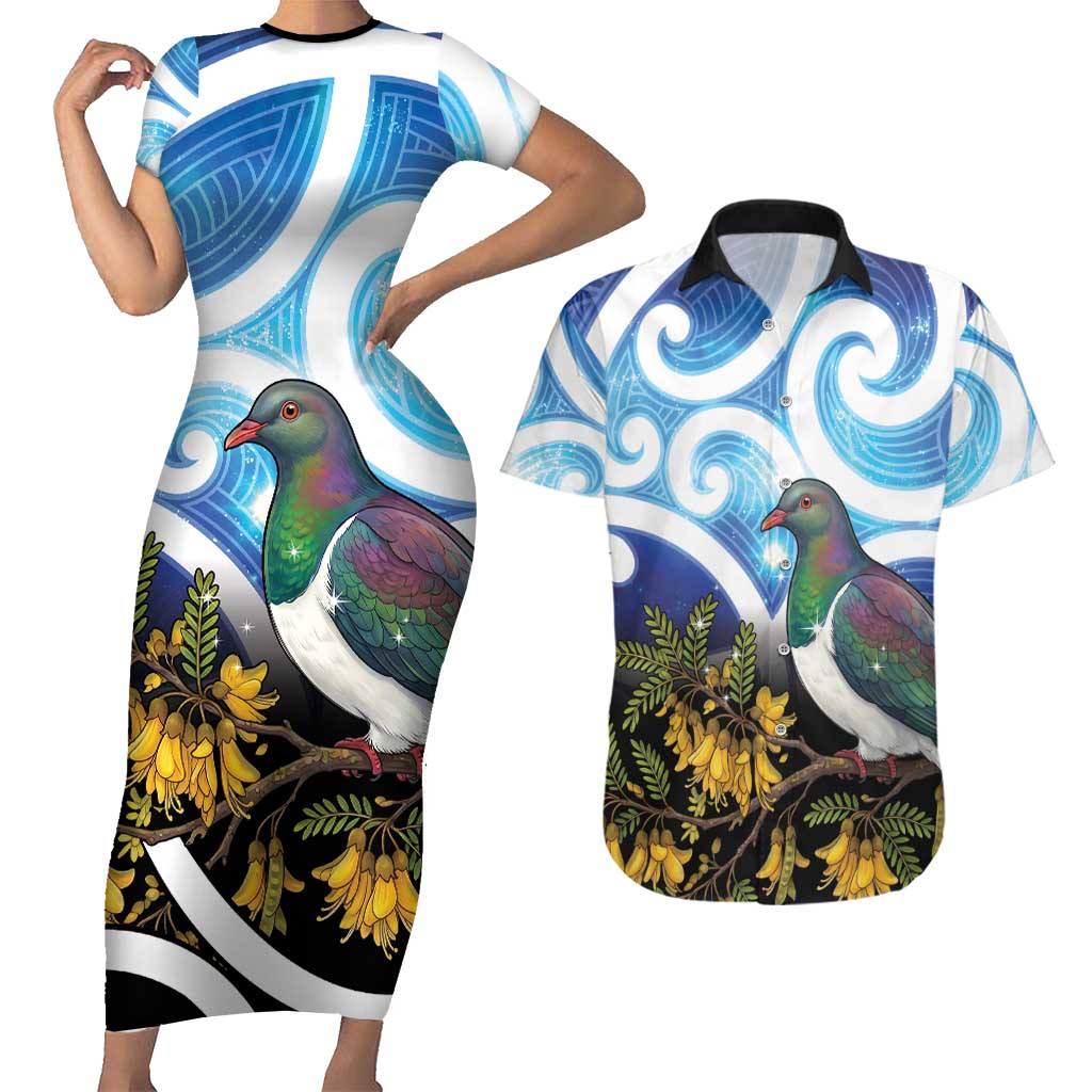Kekeru New Zealand Matariki Couples Matching Short Sleeve Bodycon Dress and Hawaiian Shirt Kukupa Kowhai Maori New Year Blue Version