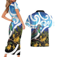 Kekeru New Zealand Matariki Couples Matching Short Sleeve Bodycon Dress and Hawaiian Shirt Kukupa Kowhai Maori New Year Blue Version