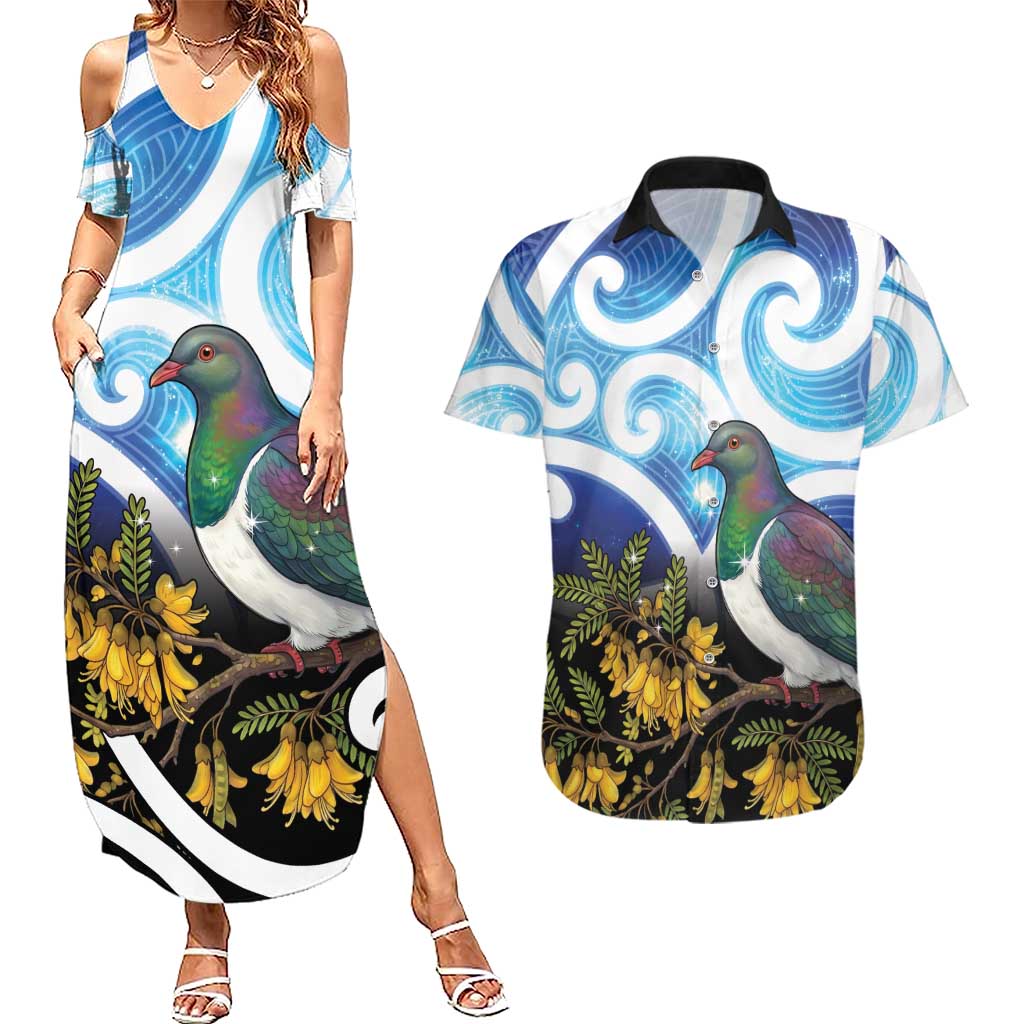Kekeru New Zealand Matariki Couples Matching Summer Maxi Dress and Hawaiian Shirt Kukupa Kowhai Maori New Year Blue Version