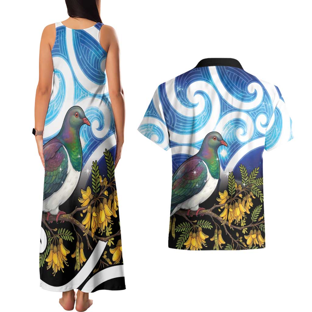 Kekeru New Zealand Matariki Couples Matching Tank Maxi Dress and Hawaiian Shirt Kukupa Kowhai Maori New Year Blue Version