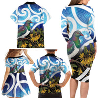 Kekeru New Zealand Matariki Family Matching Long Sleeve Bodycon Dress and Hawaiian Shirt Kukupa Kowhai Maori New Year Blue Version