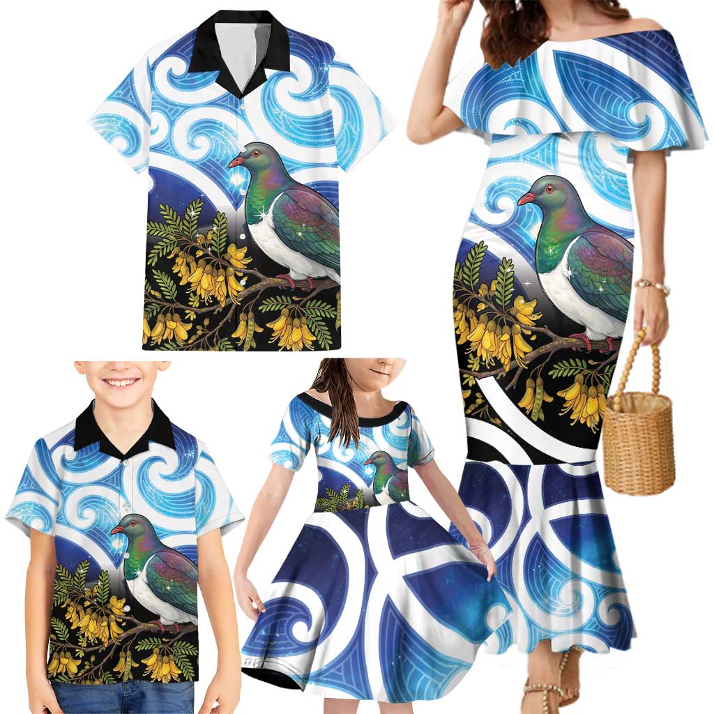 Kekeru New Zealand Matariki Family Matching Mermaid Dress and Hawaiian Shirt Kukupa Kowhai Maori New Year Blue Version