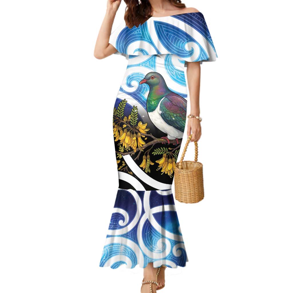 Kekeru New Zealand Matariki Family Matching Mermaid Dress and Hawaiian Shirt Kukupa Kowhai Maori New Year Blue Version