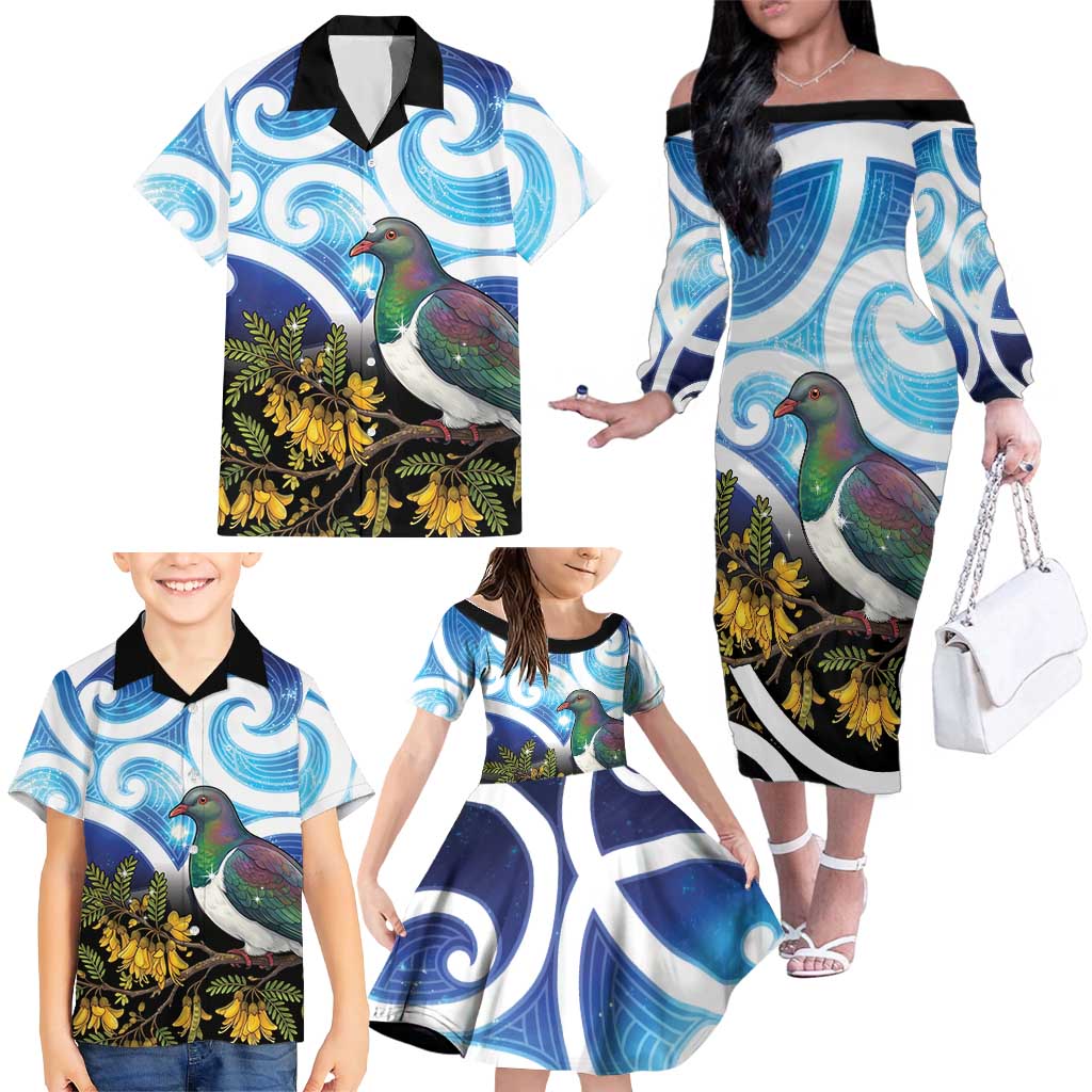 Kekeru New Zealand Matariki Family Matching Off The Shoulder Long Sleeve Dress and Hawaiian Shirt Kukupa Kowhai Maori New Year Blue Version