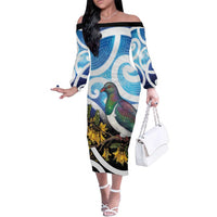 Kekeru New Zealand Matariki Family Matching Off The Shoulder Long Sleeve Dress and Hawaiian Shirt Kukupa Kowhai Maori New Year Blue Version