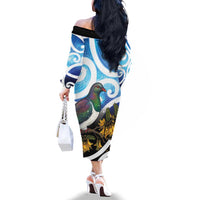 Kekeru New Zealand Matariki Family Matching Off The Shoulder Long Sleeve Dress and Hawaiian Shirt Kukupa Kowhai Maori New Year Blue Version