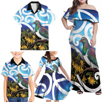 Kekeru New Zealand Matariki Family Matching Off Shoulder Maxi Dress and Hawaiian Shirt Kukupa Kowhai Maori New Year Blue Version
