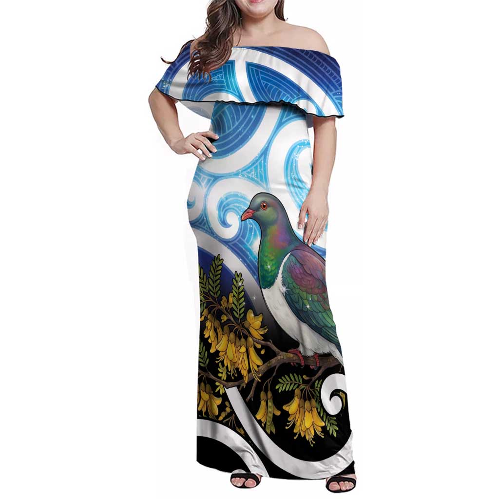 Kekeru New Zealand Matariki Family Matching Off Shoulder Maxi Dress and Hawaiian Shirt Kukupa Kowhai Maori New Year Blue Version